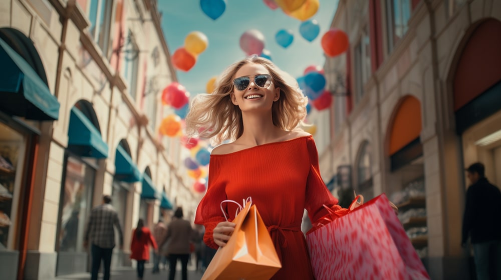 Mulher com sacolas de compras em uma rua na Europa. Tax Free na Europa - Como ter reembolso nas suas compras!